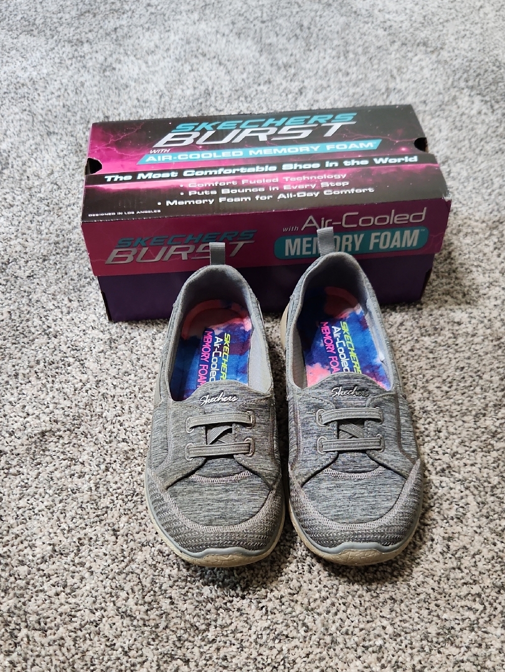 Skechers Burst Grey Memory Foam Slip-On Sneakers Size 6